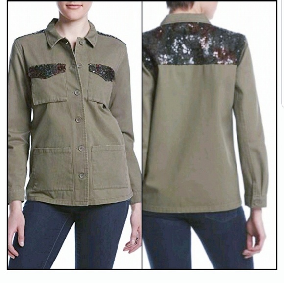 NEW! SEQUIN HEARTS Army Utility Jacket Coat Sequin Detail Medium. - Picture 1 of 6